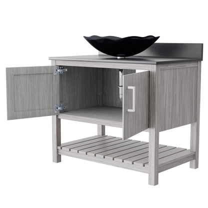 36-inch Novatto bath vanity with storm grey quartz countertop and sink, shown with modern design and sleek finish.