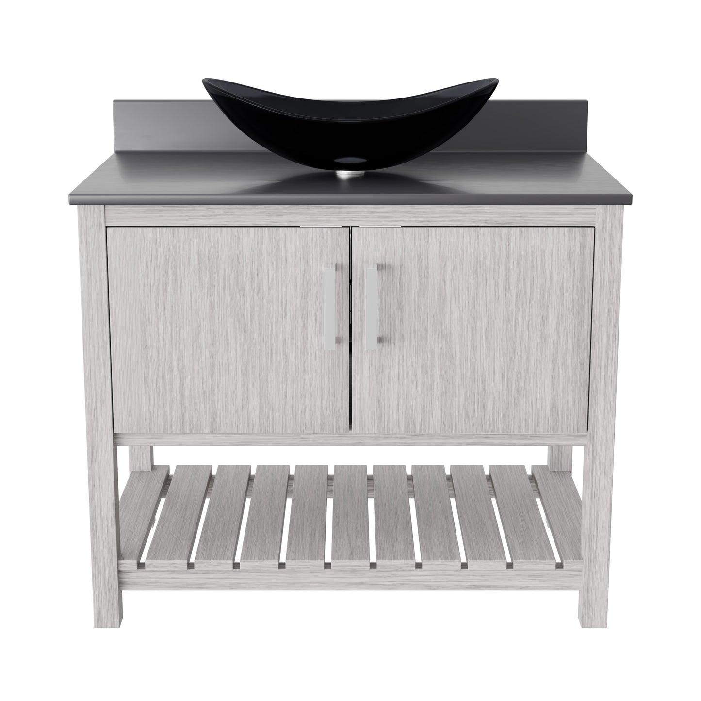 Novatto 36-inch bath vanity with storm grey quartz countertop and sink, showcasing modern bathroom accessory design.