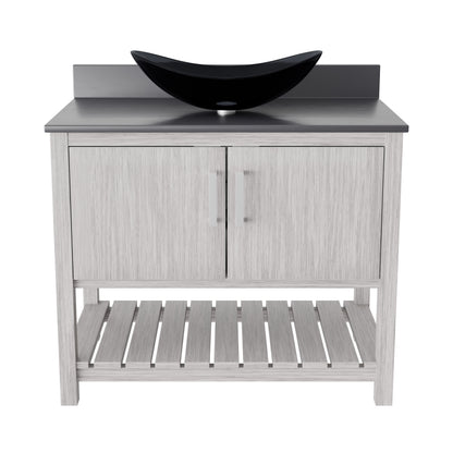 Novatto 36-inch bath vanity with storm grey quartz countertop and sink, showcasing modern bathroom accessory design.