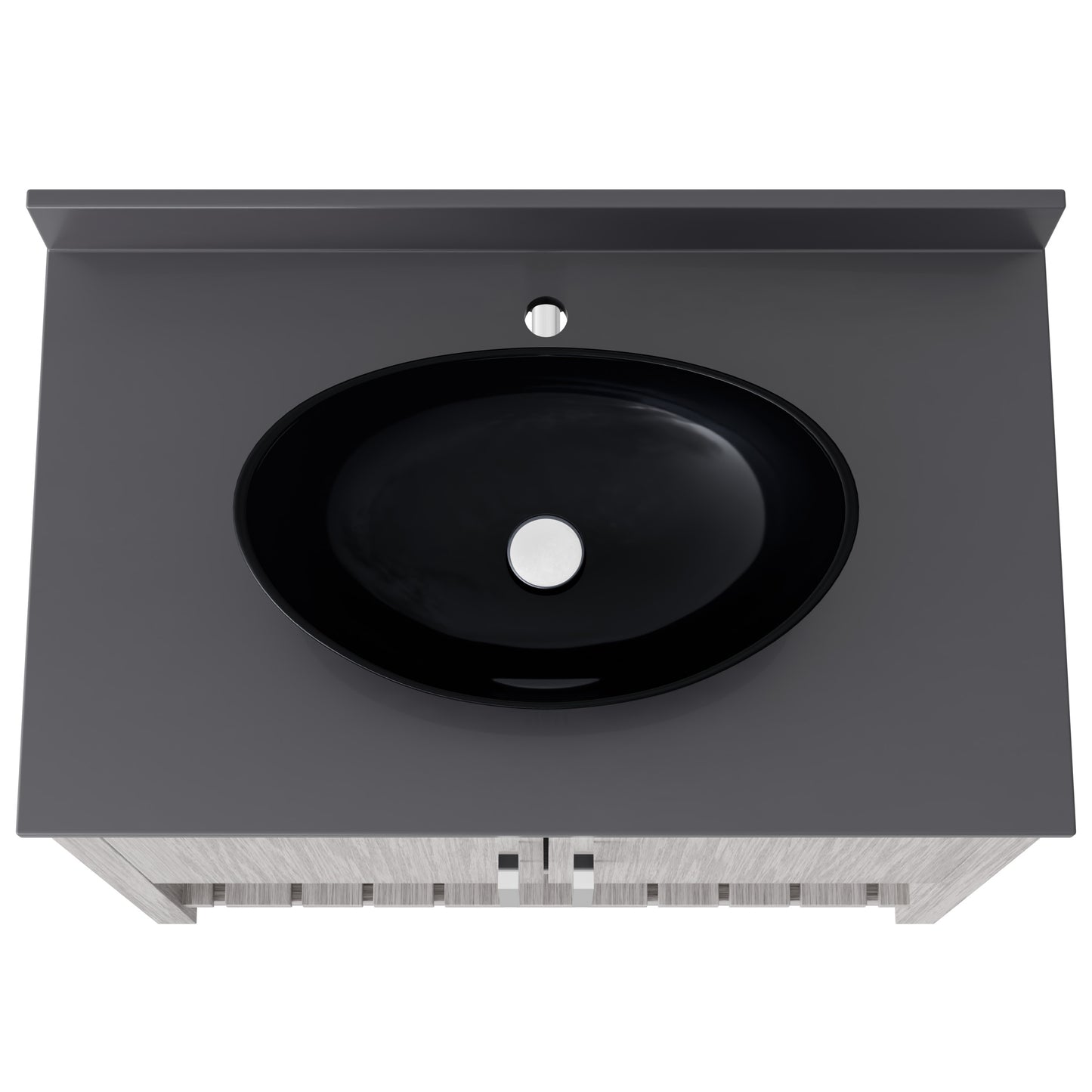 Novatto 36-inch bath vanity with storm grey quartz countertop and sink, showcasing sleek bathroom accessory design.