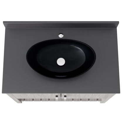 Novatto 36-inch bath vanity with storm grey quartz countertop and sink, showcasing sleek bathroom accessory design.