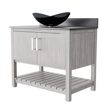 Novatto 36-inch bath vanity with storm grey quartz countertop and sink, showcasing sleek bathroom accessory design