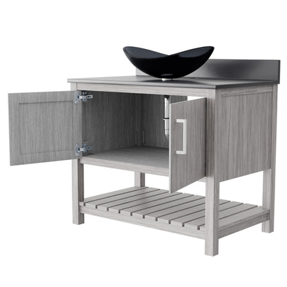 36-inch Novatto bath vanity with storm grey quartz countertop and integrated sink, modern bathroom accessory.
