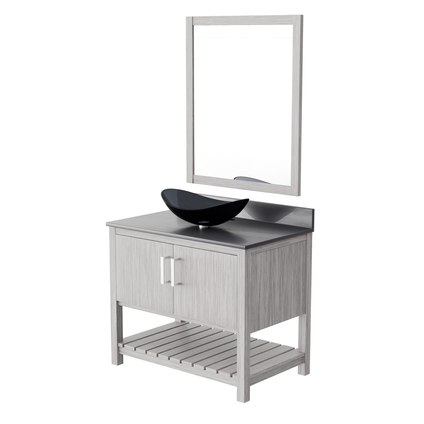 36-inch Novatto bath vanity with storm grey quartz countertop and integrated sink, showcasing sleek bathroom accessory design.