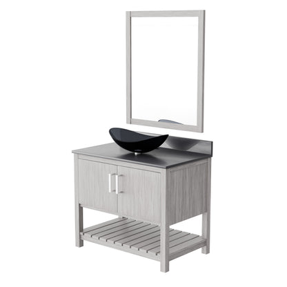 36-inch Novatto bath vanity with storm grey quartz countertop and integrated sink, showcasing sleek bathroom accessory design.