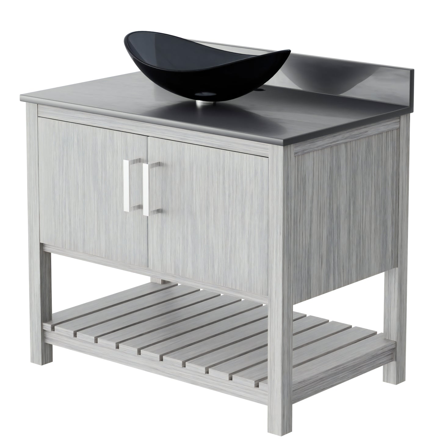 36-inch Novatto bath vanity with Storm Grey quartz countertop and integrated sink, showcasing modern bathroom accessory design.