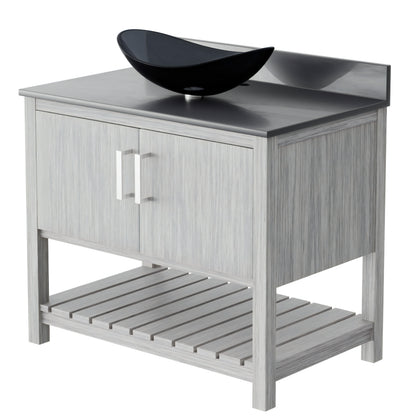 36-inch Novatto bath vanity with Storm Grey quartz countertop and integrated sink, showcasing modern bathroom accessory design.