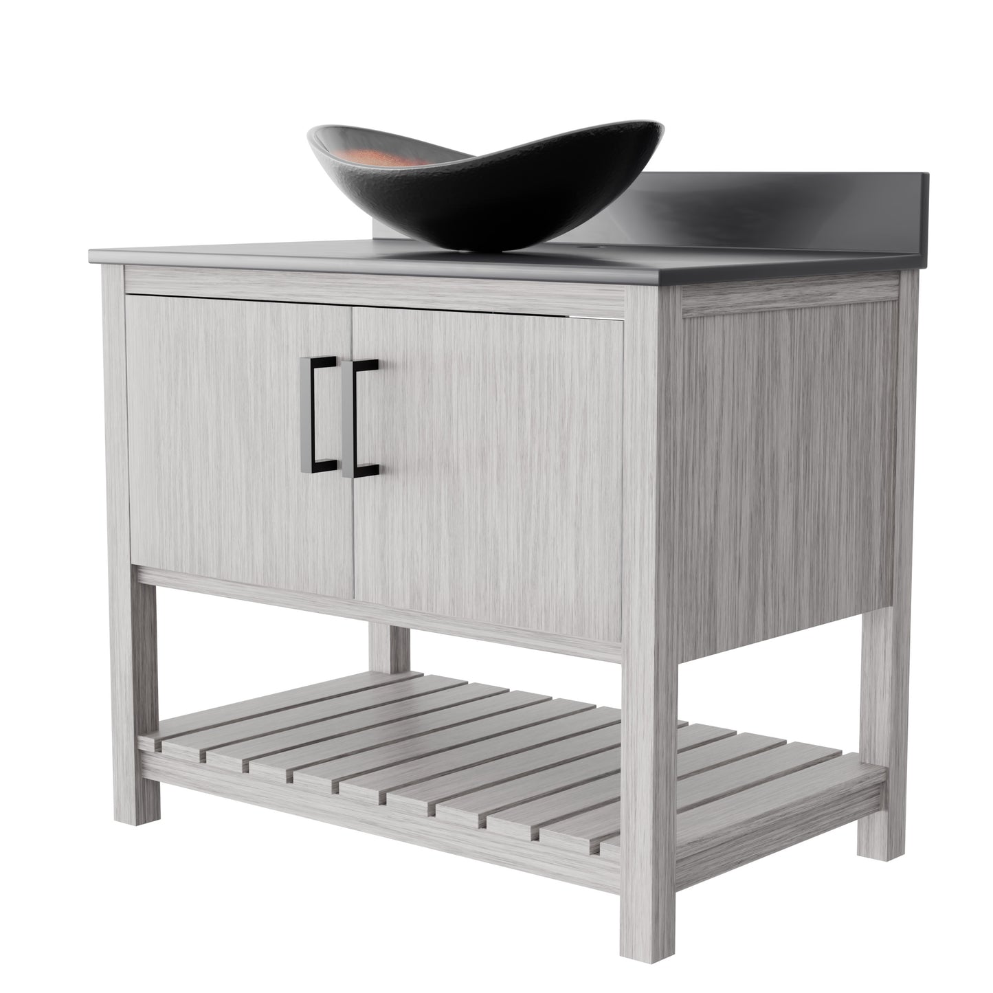 36-inch Novatto bath vanity with storm grey quartz countertop and integrated sink, modern bathroom accessory.