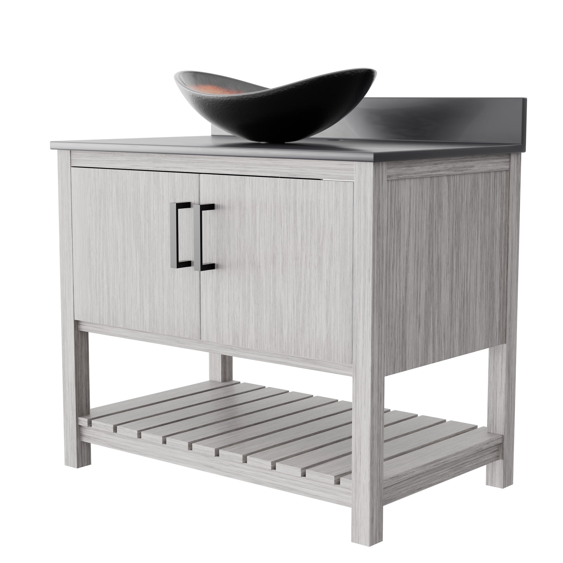 36-inch Novatto bath vanity with storm grey quartz countertop and integrated sink, modern bathroom accessory.