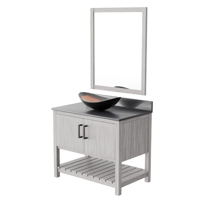 36-inch Novatto bath vanity with storm grey quartz countertop and integrated sink, sleek and modern bathroom accessory.