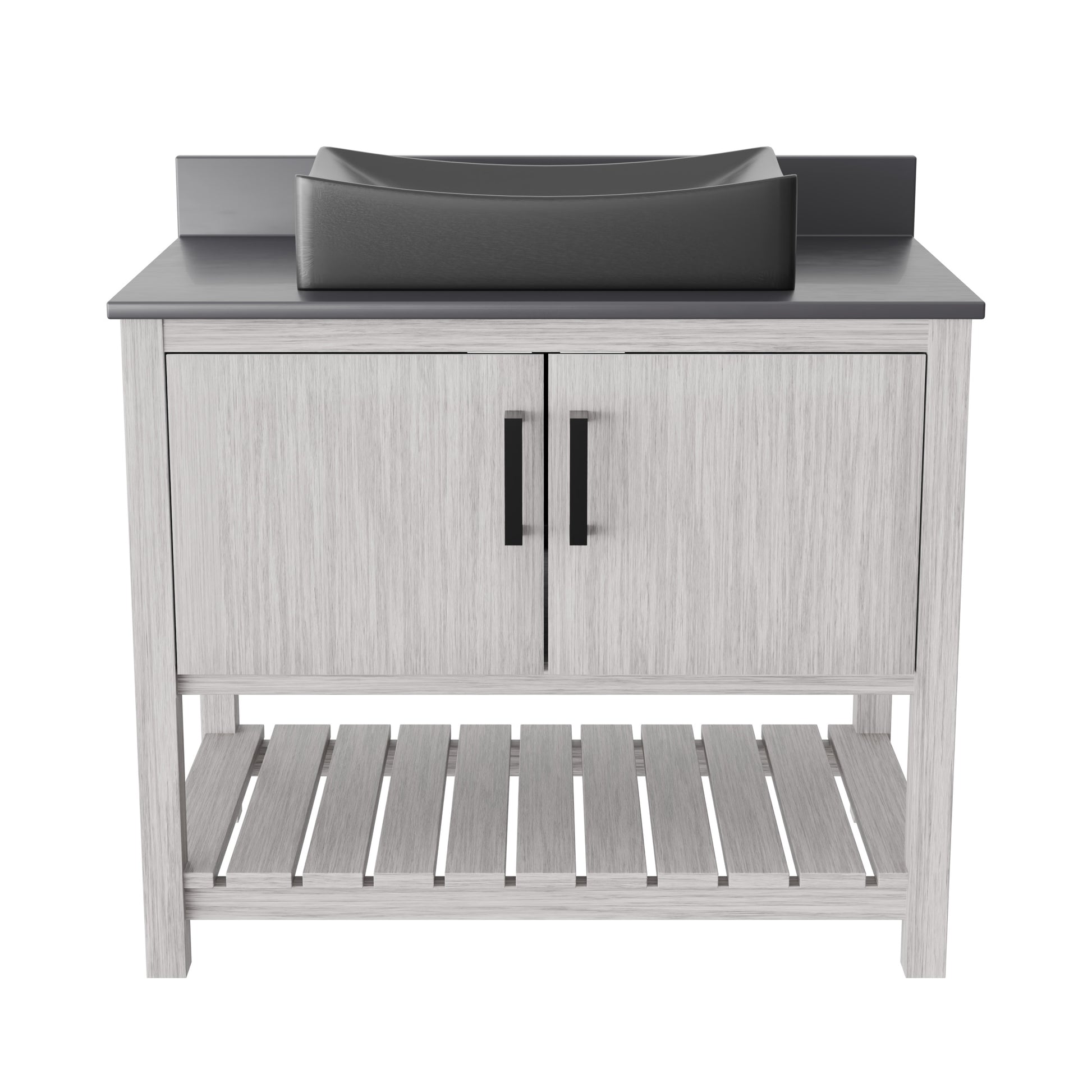 36-inch Novatto bath vanity with storm grey quartz countertop and integrated sink, showcasing modern bathroom accessory design.