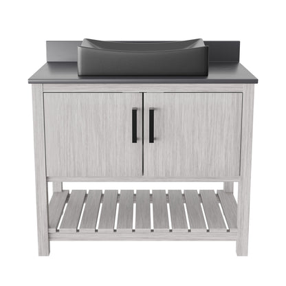 36-inch Novatto bath vanity with storm grey quartz countertop and integrated sink, showcasing modern bathroom accessory design.
