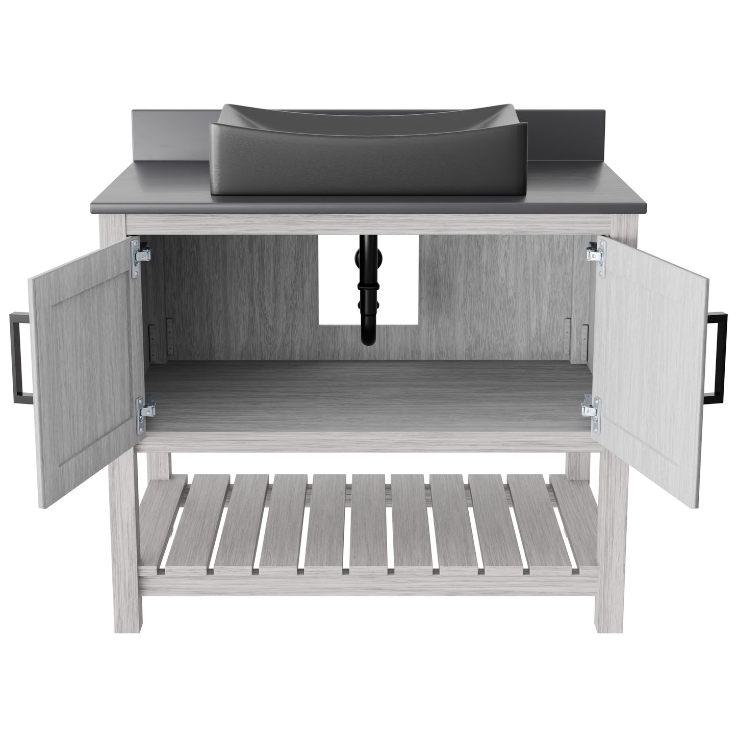 36-inch Novatto bath vanity with storm grey quartz countertop and integrated sink, showcasing modern bathroom accessory design.