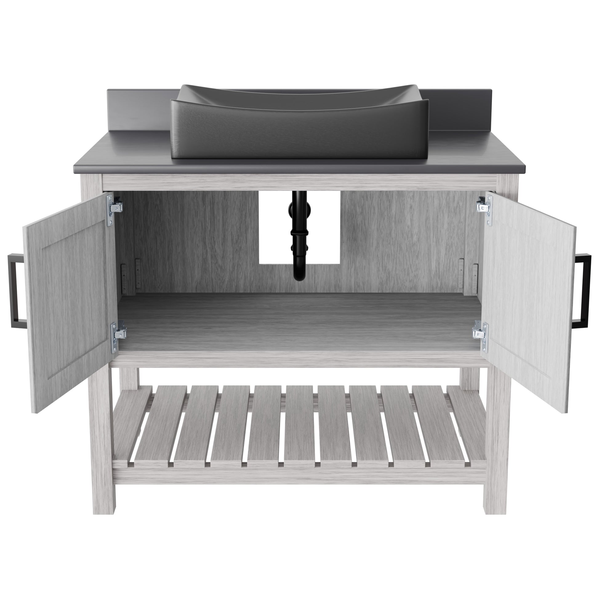 36-inch Novatto bath vanity with storm grey quartz countertop and integrated sink, showcasing modern bathroom accessory design.