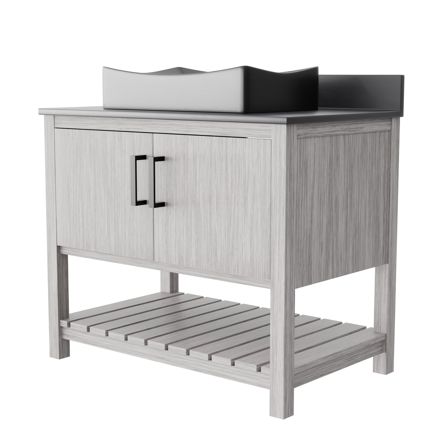 36-inch Novatto bath vanity with storm grey quartz countertop and sink, showcasing modern bathroom accessory design.