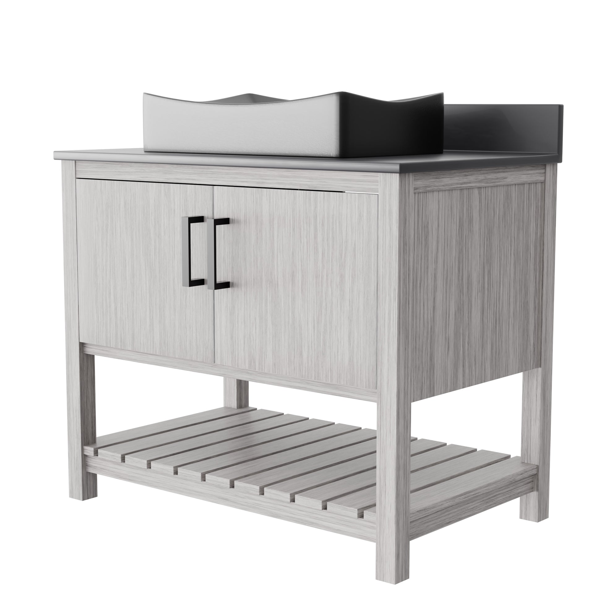 36-inch Novatto bath vanity with storm grey quartz countertop and sink, showcasing modern bathroom accessory design.