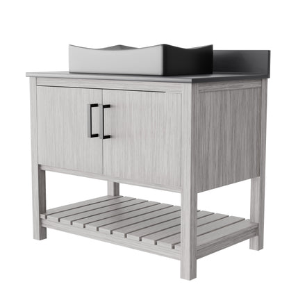 36-inch Novatto bath vanity with storm grey quartz countertop and sink, showcasing modern bathroom accessory design.