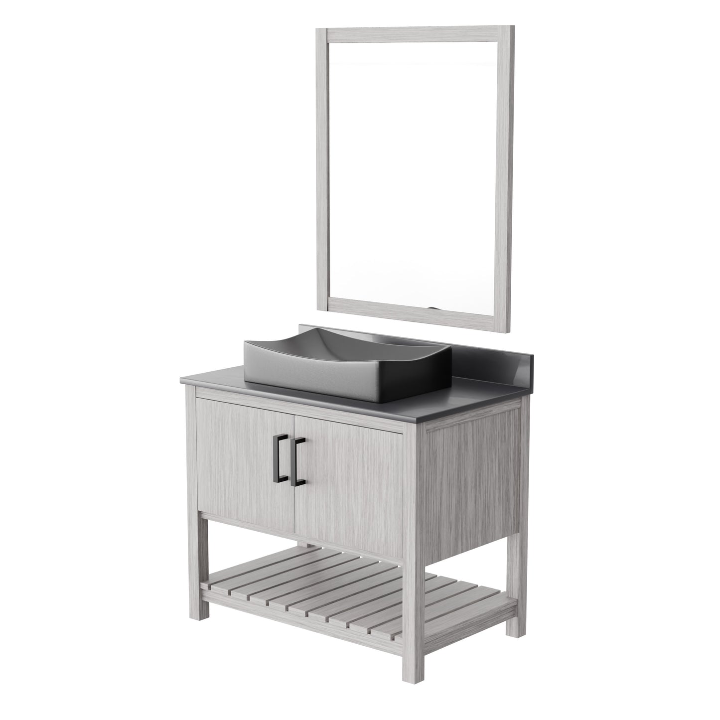 36-inch Novatto bath vanity with storm grey quartz countertop and integrated sink, featuring modern bathroom accessory design.