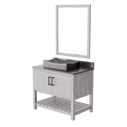 36-inch Novatto bath vanity with storm grey quartz countertop and integrated sink, featuring modern bathroom accessory design.