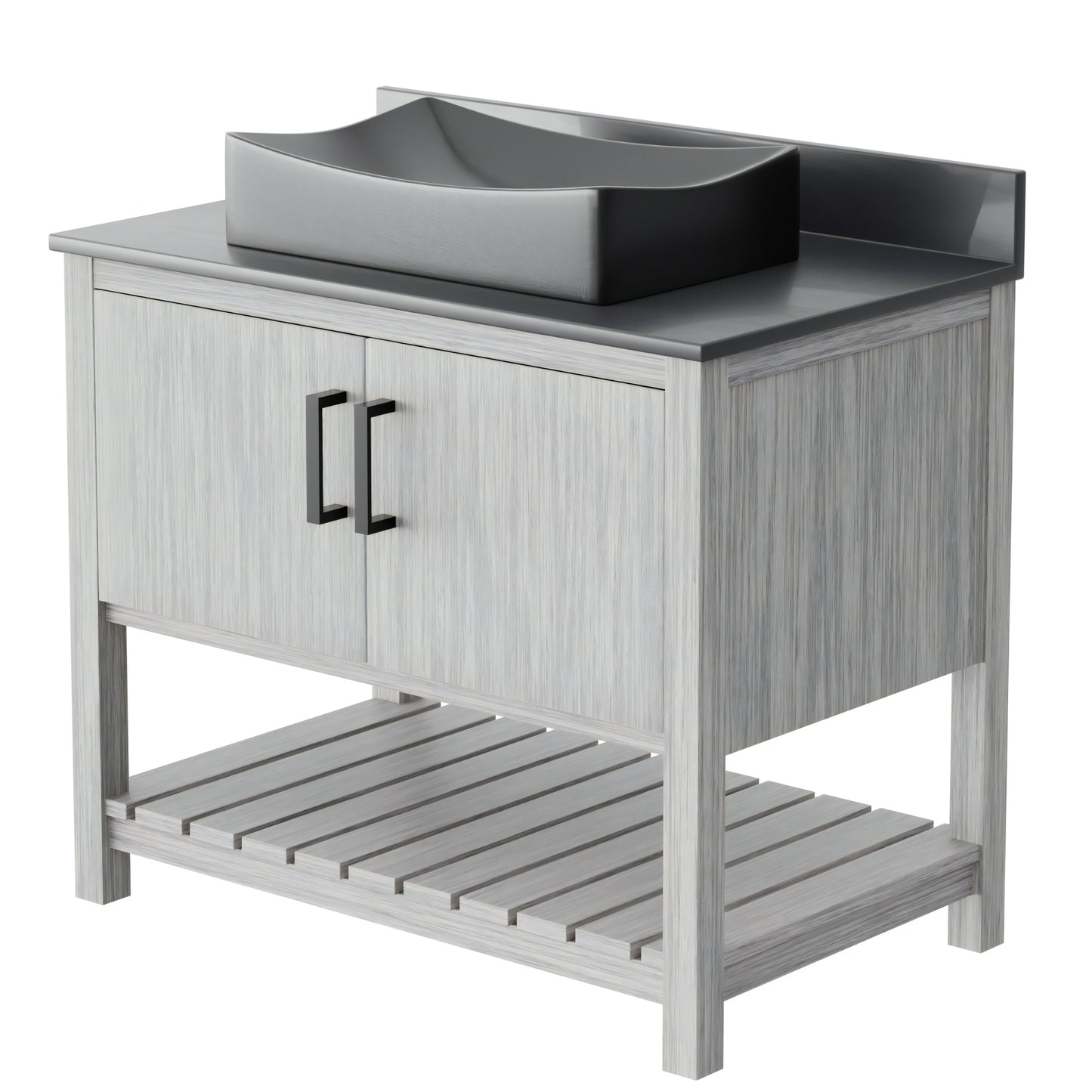 36-inch Novatto bath vanity with storm grey quartz countertop and integrated sink, showcasing modern bathroom accessory design