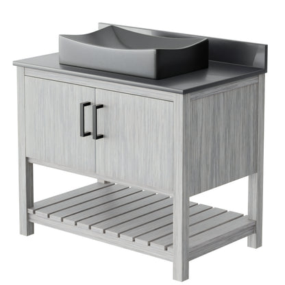 36-inch Novatto bath vanity with storm grey quartz countertop and integrated sink, showcasing modern bathroom accessory design