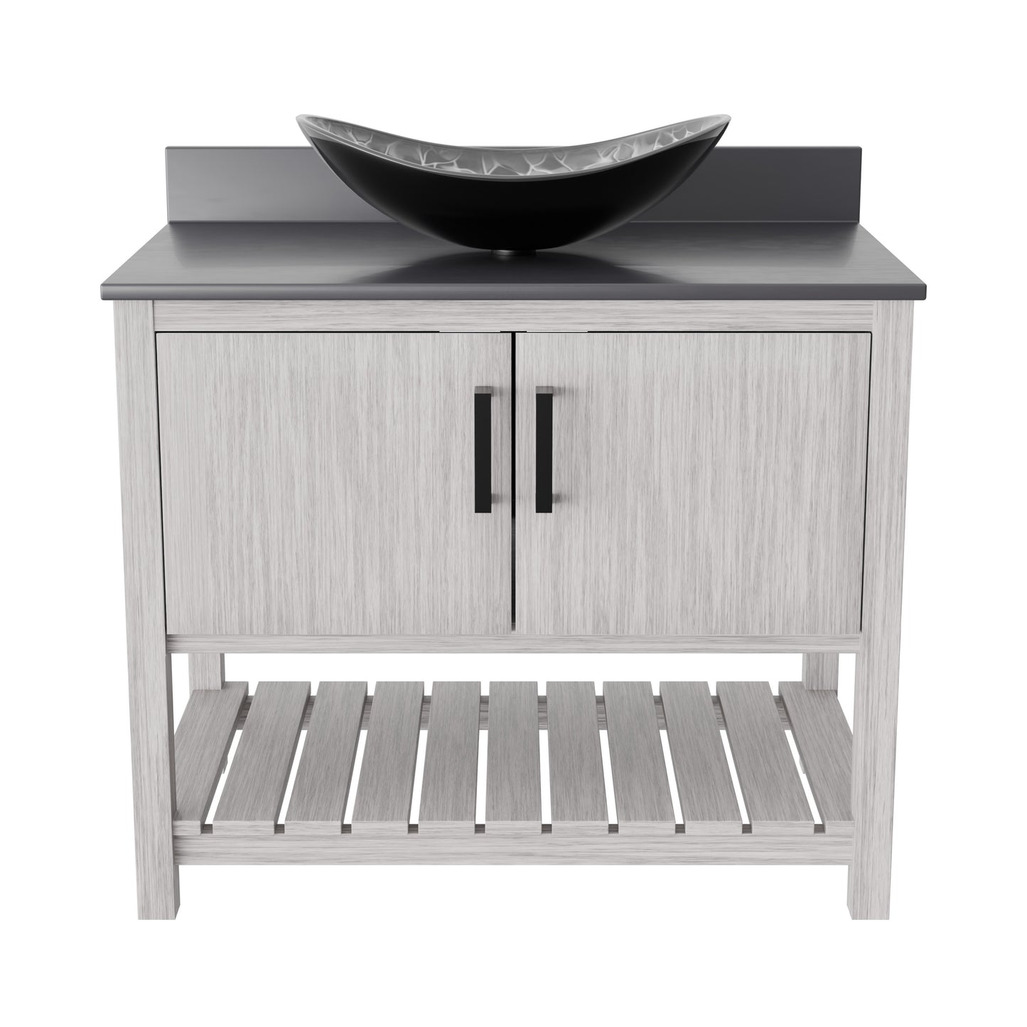 36-inch Novatto bath vanity with storm grey quartz countertop and integrated sink, showcasing sleek bathroom accessory design.