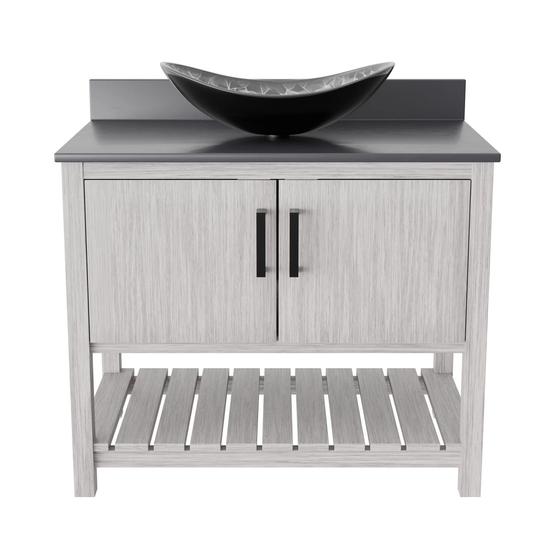 36-inch Novatto bath vanity with storm grey quartz countertop and integrated sink, showcasing sleek bathroom accessory design.