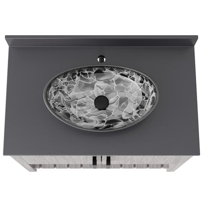Bathroom vanity with storm grey quartz counter and sink, 36-inch Novatto accessory in modern bathroom decor style