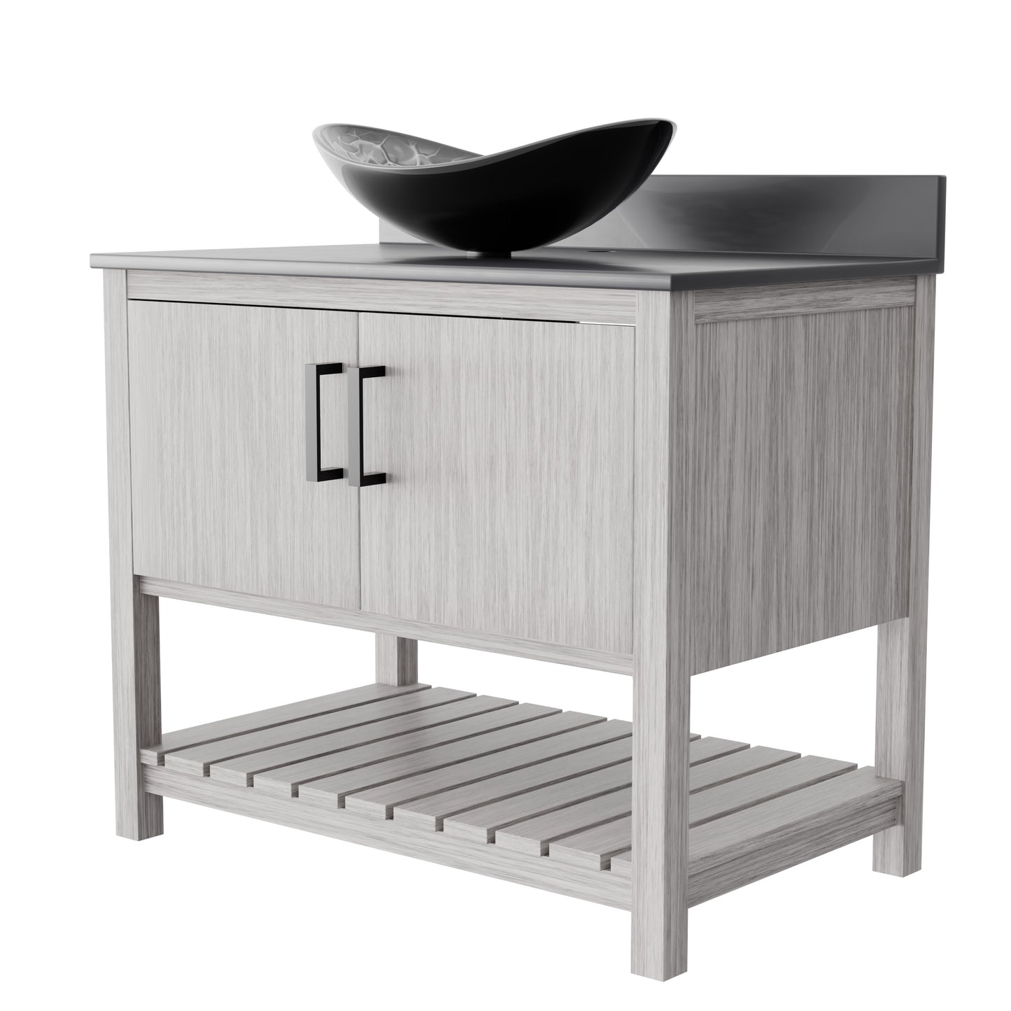 Novatto 36-inch bath vanity with storm grey quartz counter and sink, showcasing sleek bathroom accessory design.