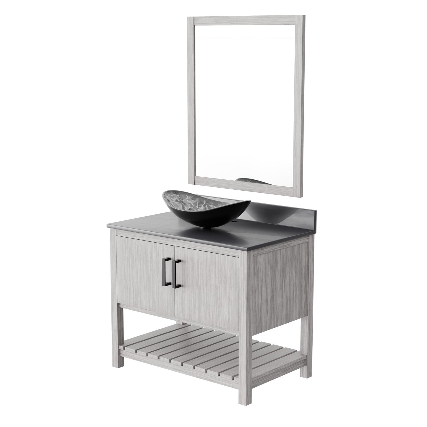Novatto 36-inch bath vanity with storm grey quartz countertop and sink, featuring modern bathroom accessory design.