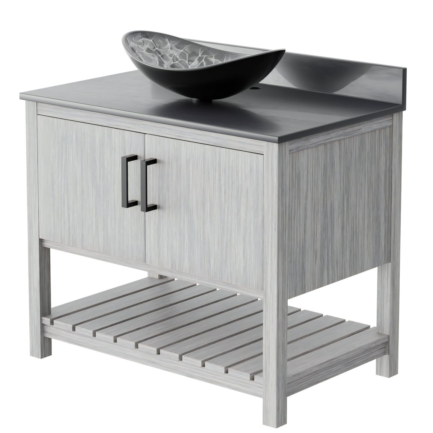 36-inch Novatto bath vanity with storm grey quartz countertop and integrated sink, showcasing modern bathroom accessory design.