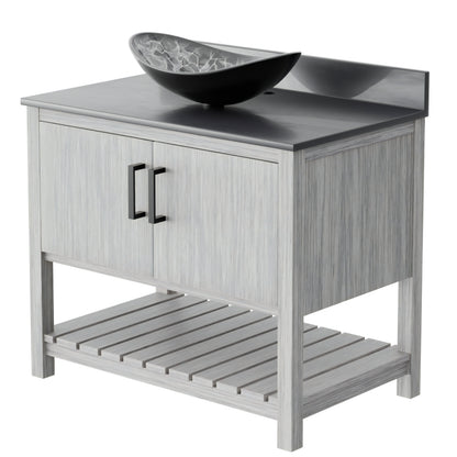 36-inch Novatto bath vanity with storm grey quartz countertop and integrated sink, showcasing modern bathroom accessory design.