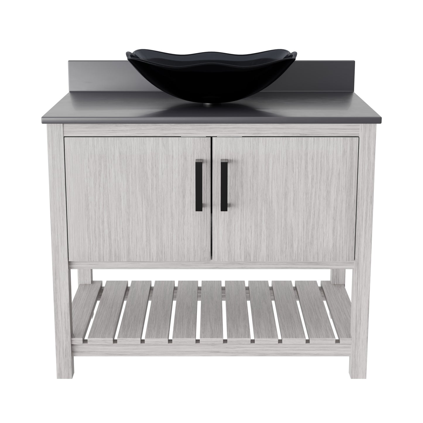 36-inch Novatto bath vanity with storm grey quartz countertop and integrated sink, showcasing sleek modern design.