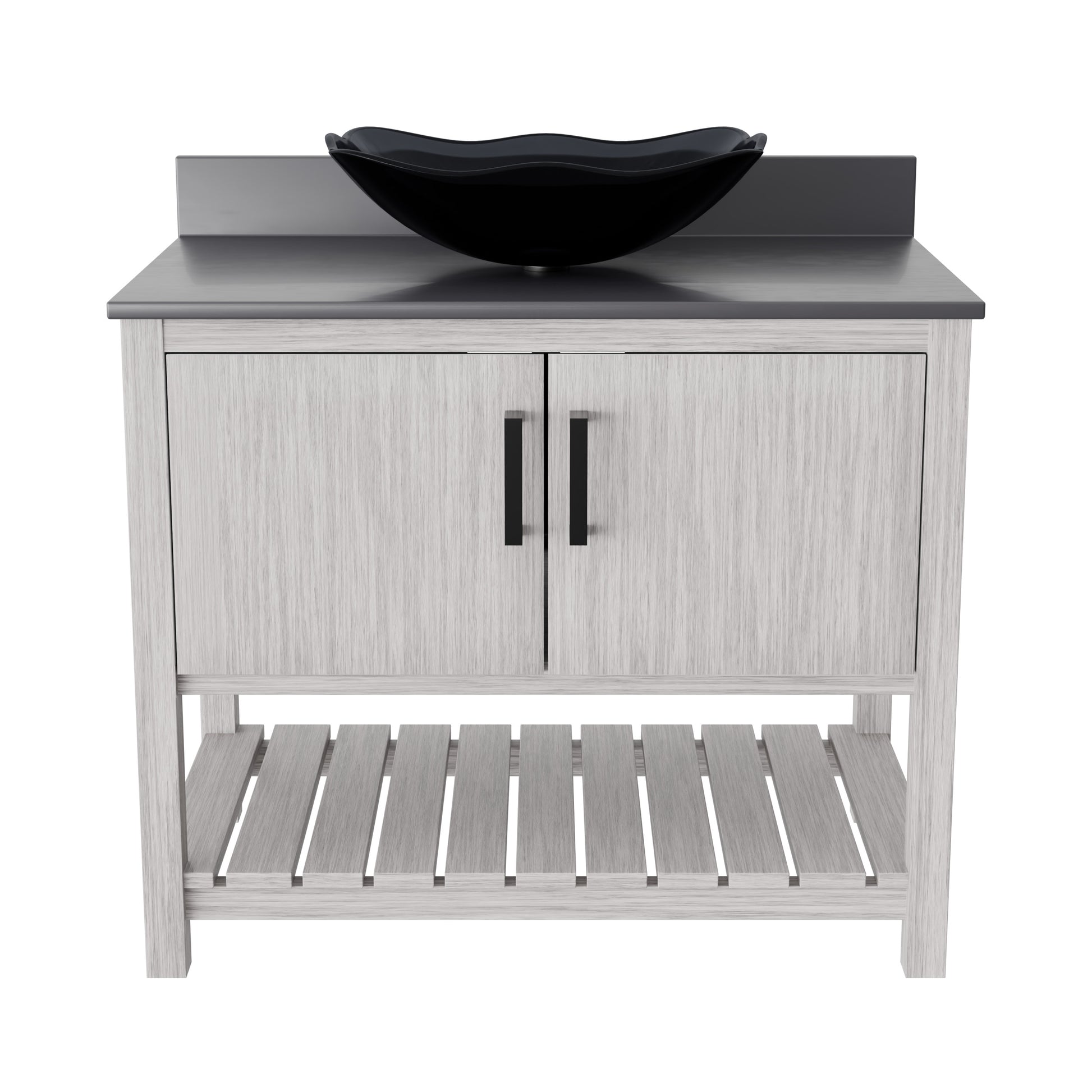 36-inch Novatto bath vanity with storm grey quartz countertop and integrated sink, showcasing sleek modern design.