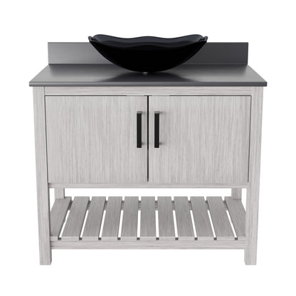 36-inch Novatto bath vanity with storm grey quartz countertop and integrated sink, showcasing sleek modern design.