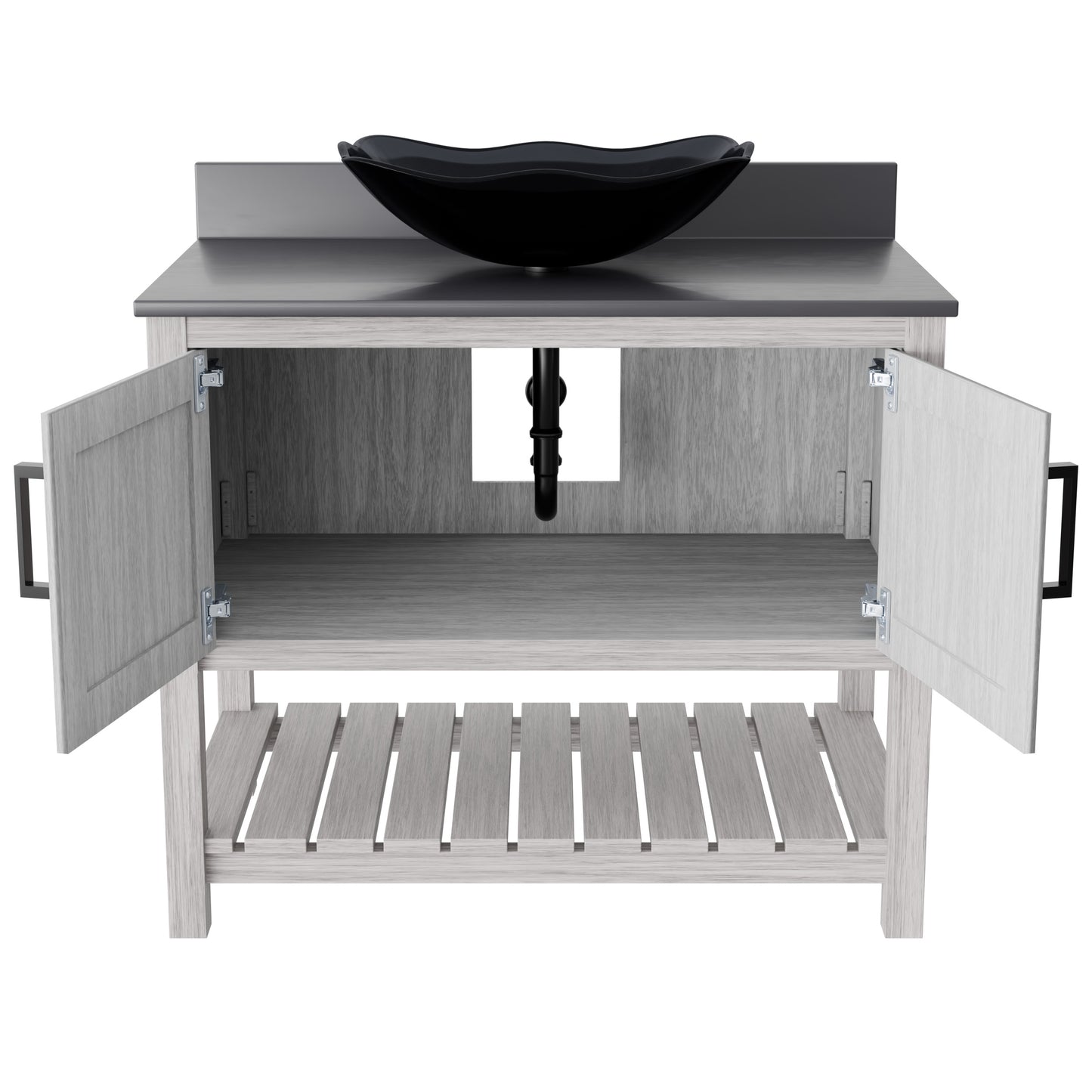36-inch Novatto bath vanity with storm grey quartz countertop and sink, showcasing modern bathroom accessory design.