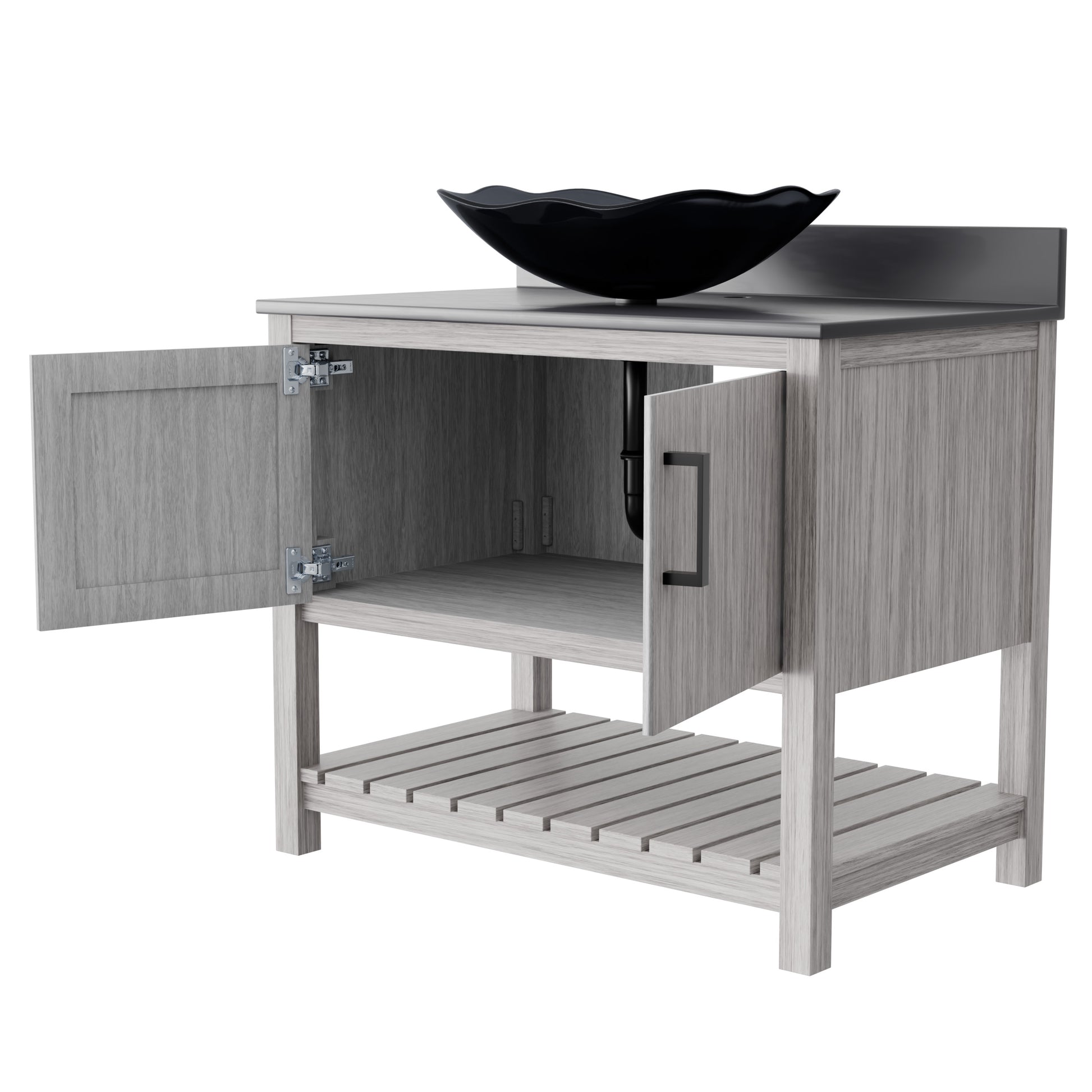 Novatto 36-inch bath vanity with storm grey quartz countertop and integrated sink, stylish bathroom accessory.