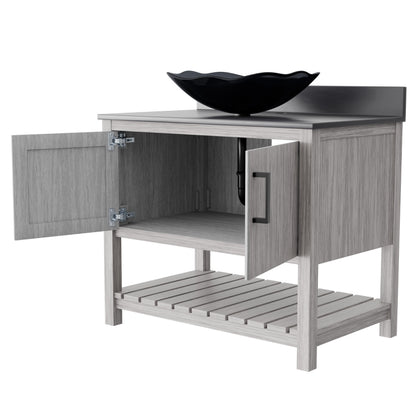Novatto 36-inch bath vanity with storm grey quartz countertop and integrated sink, stylish bathroom accessory.