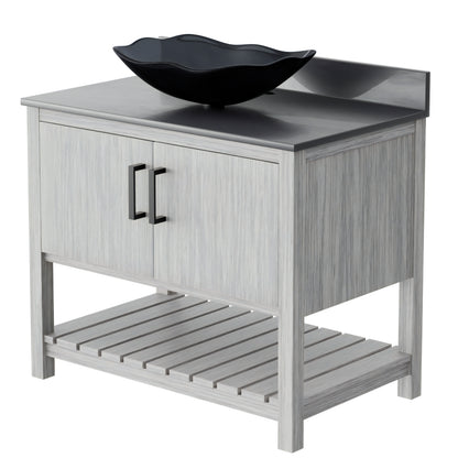 36-inch Novatto bath vanity with storm grey quartz countertop and sink, showcasing modern bathroom accessory design.