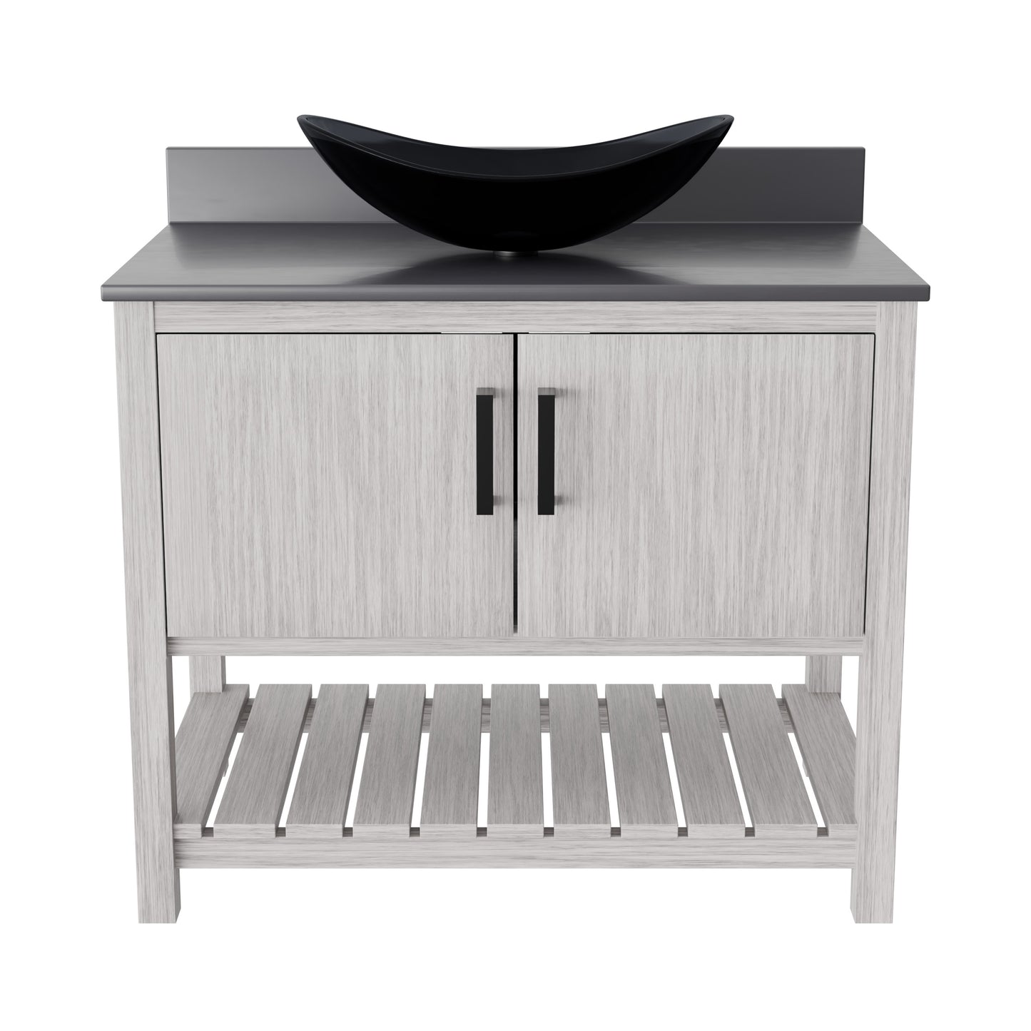 36-inch Novatto bathroom vanity with storm grey quartz countertop and sink, modern accessory for upscale bathroom decor