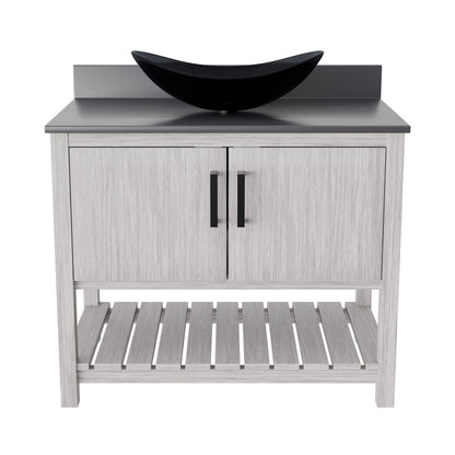 36-inch Novatto bathroom vanity with storm grey quartz countertop and sink, modern accessory for upscale bathroom decor