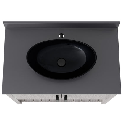 36-inch Novatto bath vanity with storm grey quartz countertop and integrated sink, showcasing modern bathroom accessory design.