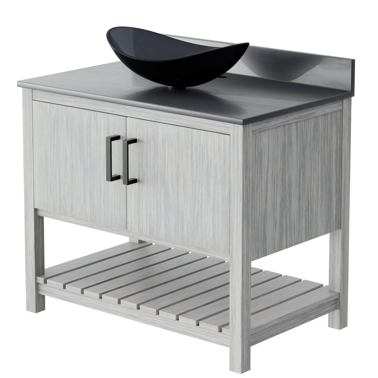 36-inch Novatto bath vanity with storm grey quartz countertop and integrated sink, showcasing sleek bathroom accessory design.