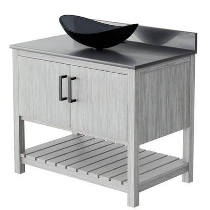 36-inch Novatto bath vanity with storm grey quartz countertop and integrated sink, showcasing sleek bathroom accessory design.