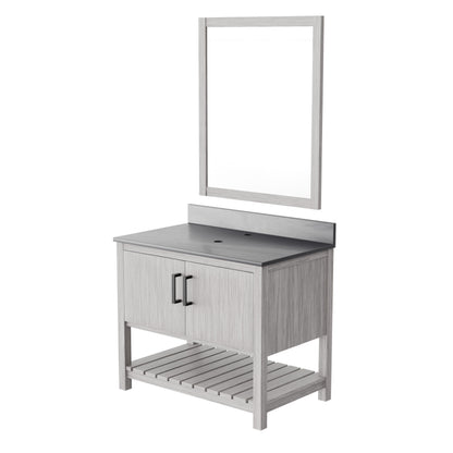 36-inch Novatto vanity with storm grey quartz countertop, showcasing sleek bathroom accessory and modern design.