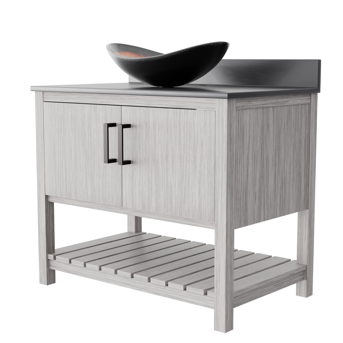 36-inch Novatto bath vanity with storm grey quartz countertop and sink, showcasing modern bathroom accessory design.