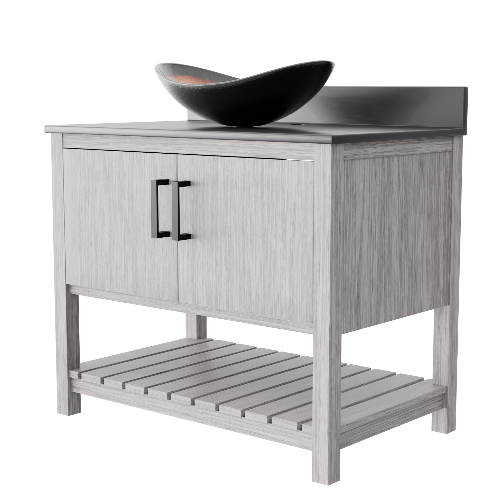 36-inch Novatto bath vanity with storm grey quartz countertop and sink, showcasing modern bathroom accessory design.