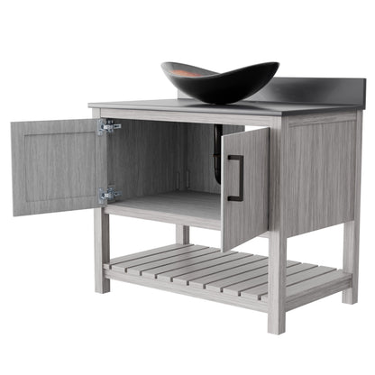 Novatto 36-inch bath vanity with storm grey quartz countertop and integrated sink, showcasing modern bathroom accessory design.