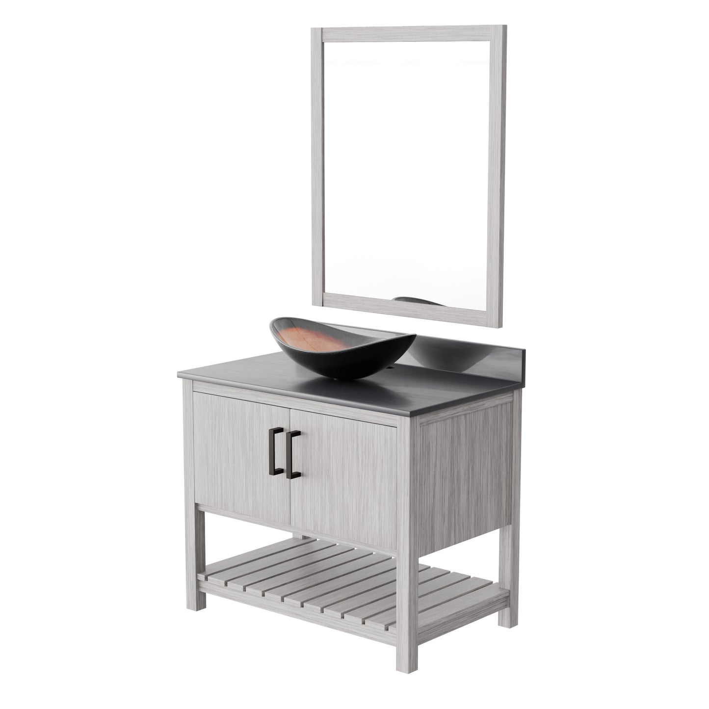 36-inch Novatto bath vanity with storm grey quartz countertop and sink, showcasing sleek, modern bathroom accessory design