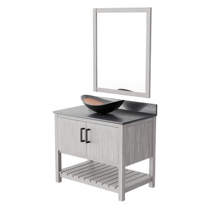 36-inch Novatto bath vanity with storm grey quartz countertop and sink, showcasing sleek, modern bathroom accessory design